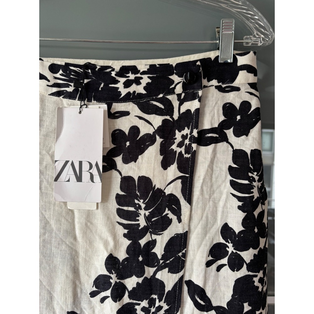 NWT* Zara Ecru-Black Floral Print Midi Wrap Skirt Linen Blend White Black Large - Picture 4 of 9